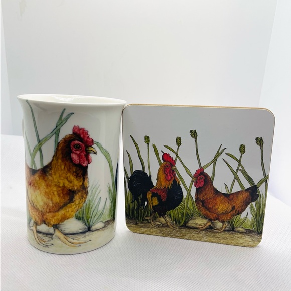 Kent Pottery 10oz Porcelain Chicken Rooster & Hen Coffee Tea Mug With Coaster - Picture 3 of 7